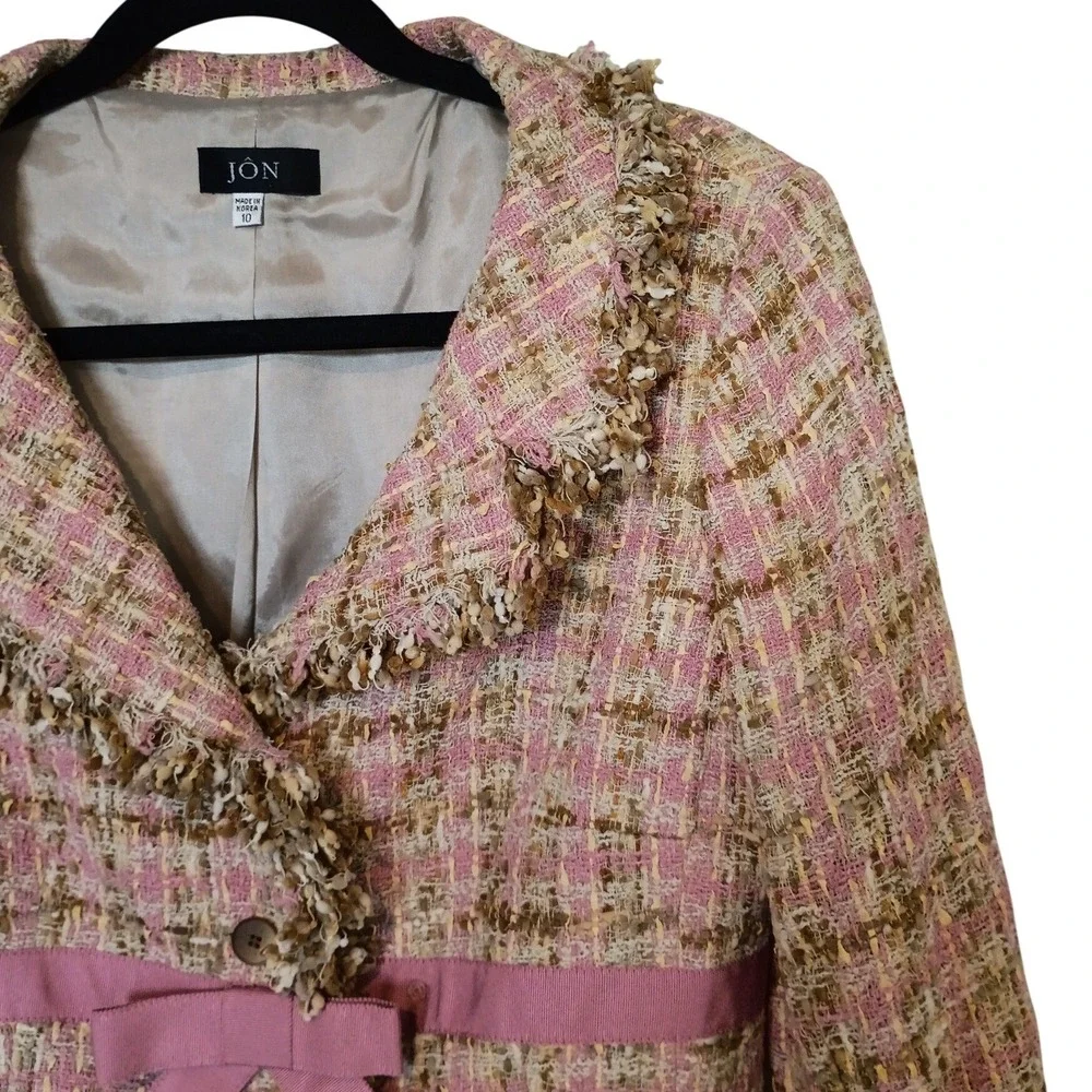 JÔN Pink Tweed Skirt Suit Set Jacket 10 Skirt 6 Fringe Trim‎ Bow